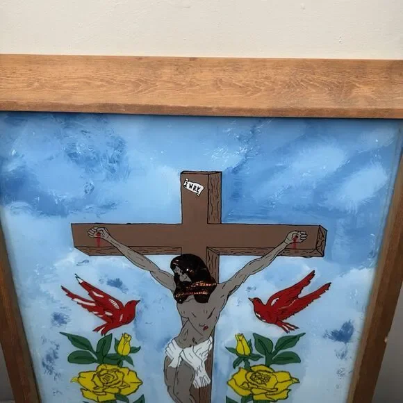 Vintage 1977 Attica Prison Inmate Folk Art Hand Painted Glass Jesus Crucifixion - Picture 10 of 16